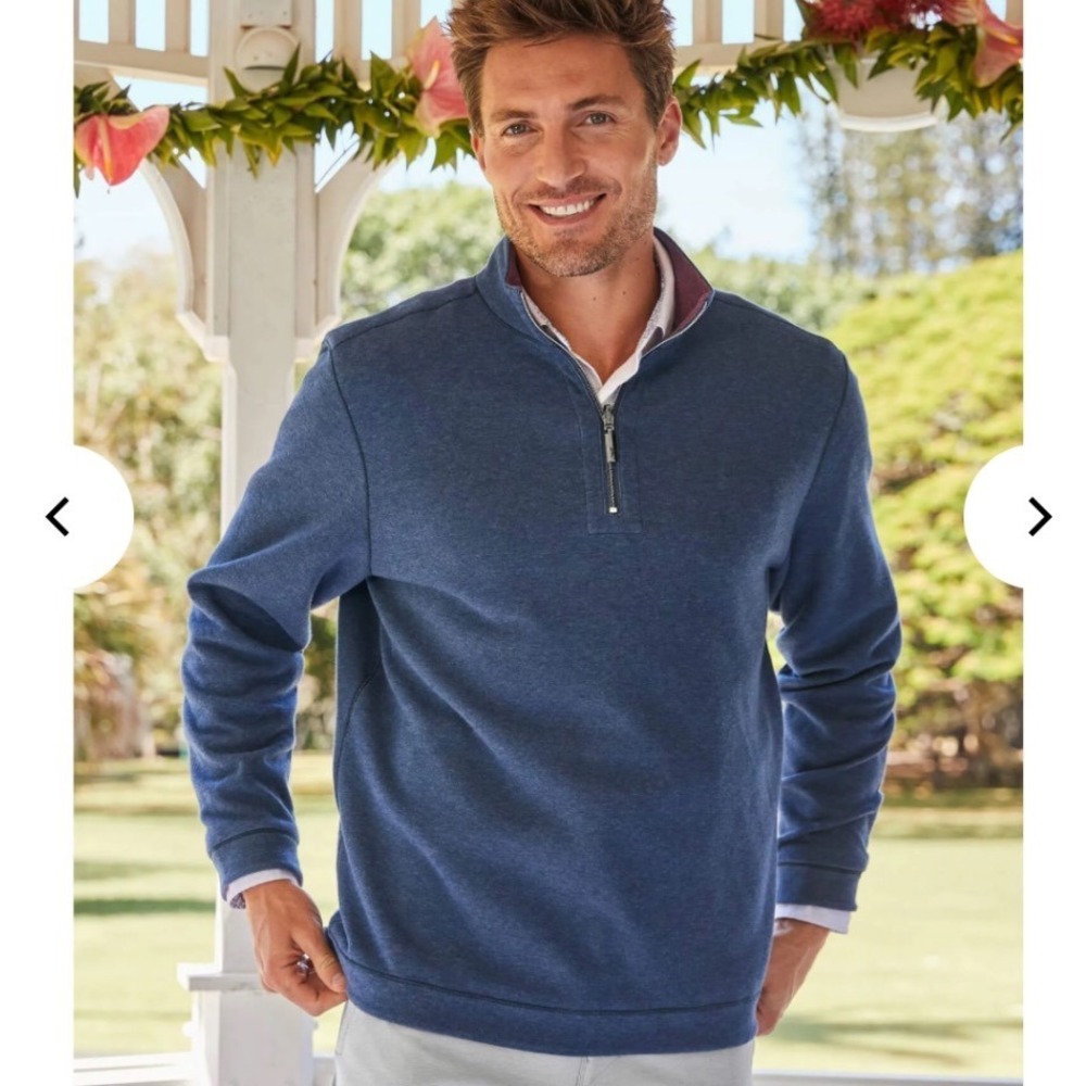 Tommy Bahama Mens Quarter Zip Pullover Sweater Blue Brown Reversible Golf Sz XL
